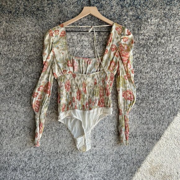 Free People Bodysuit Womens Small Smocked Long Sleeve Bohemian Floral Stretch - Picture 6 of 10